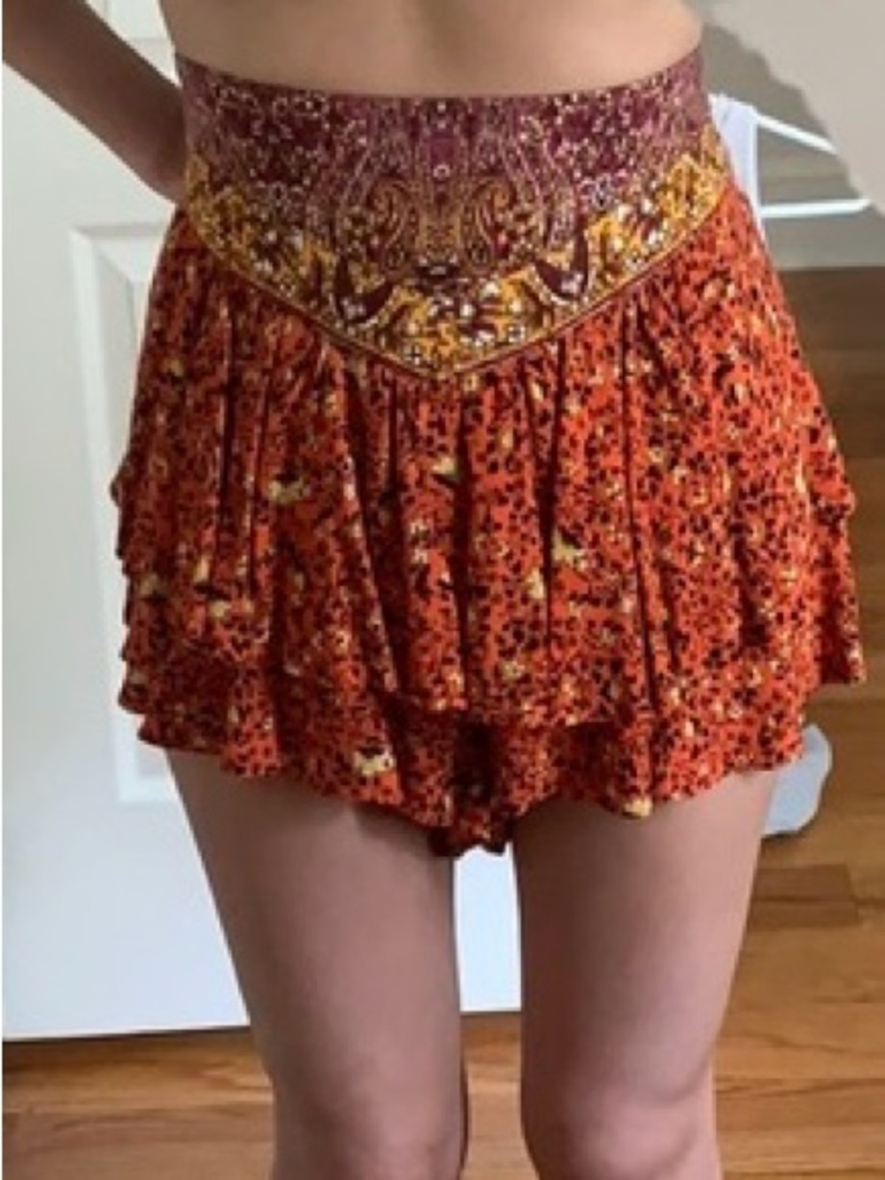 Free People Red Orange Paisley Floral Ruffle Mini Skirt skort
